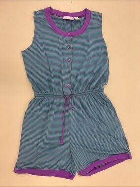 Vintage South Beach L Super 90s Teal & Purple Striped Drawstring Waist Romper